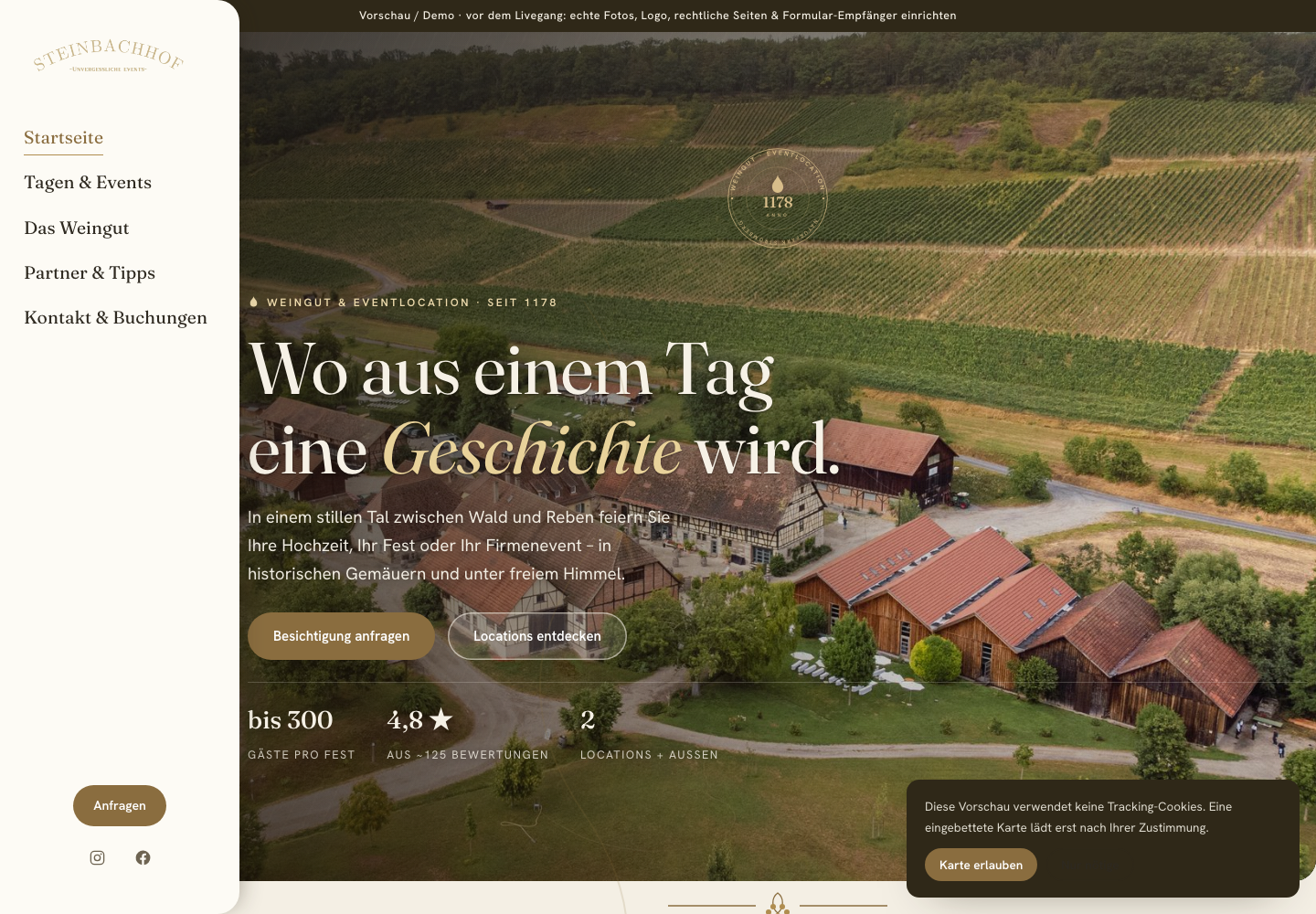 Startseite der Website für den Steinbachhof — Weingut und Eventlocation